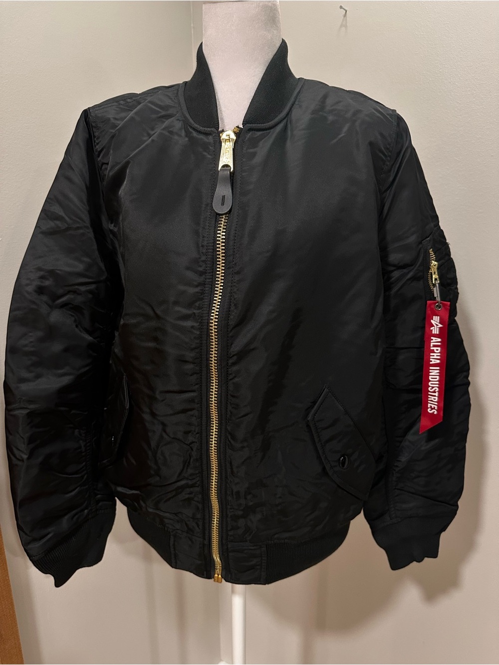 Alpha Industries Women’s Black Bomber Jacket with Red Sleeve Tag